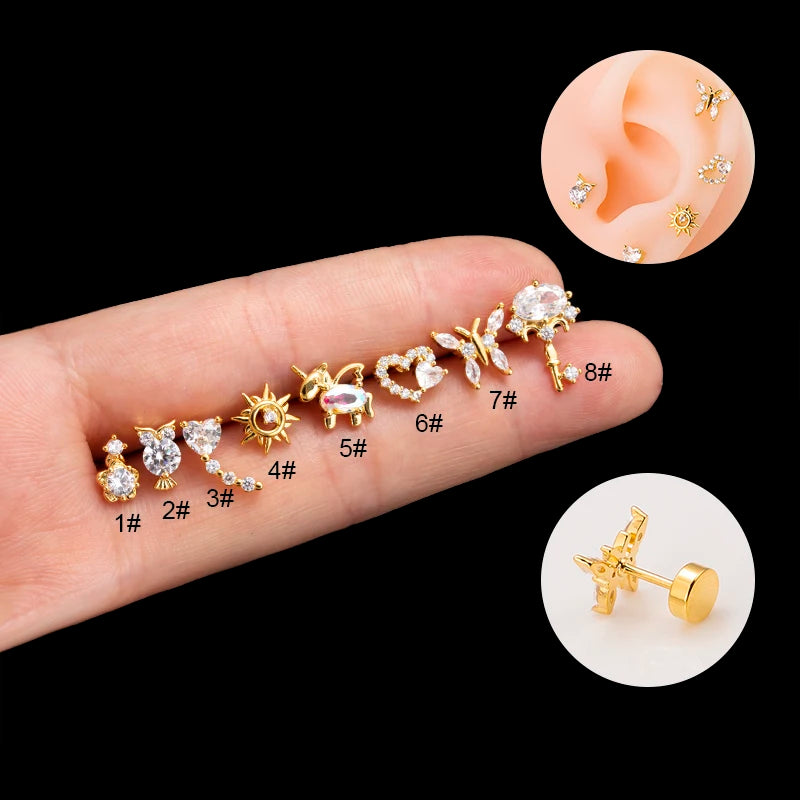 Stone Headed Rainbow CZ Diamond Heart Butterfly Animal Shape Cute Children's Gift Stainless Steel Plug & Tunnel Piercing Jewelry