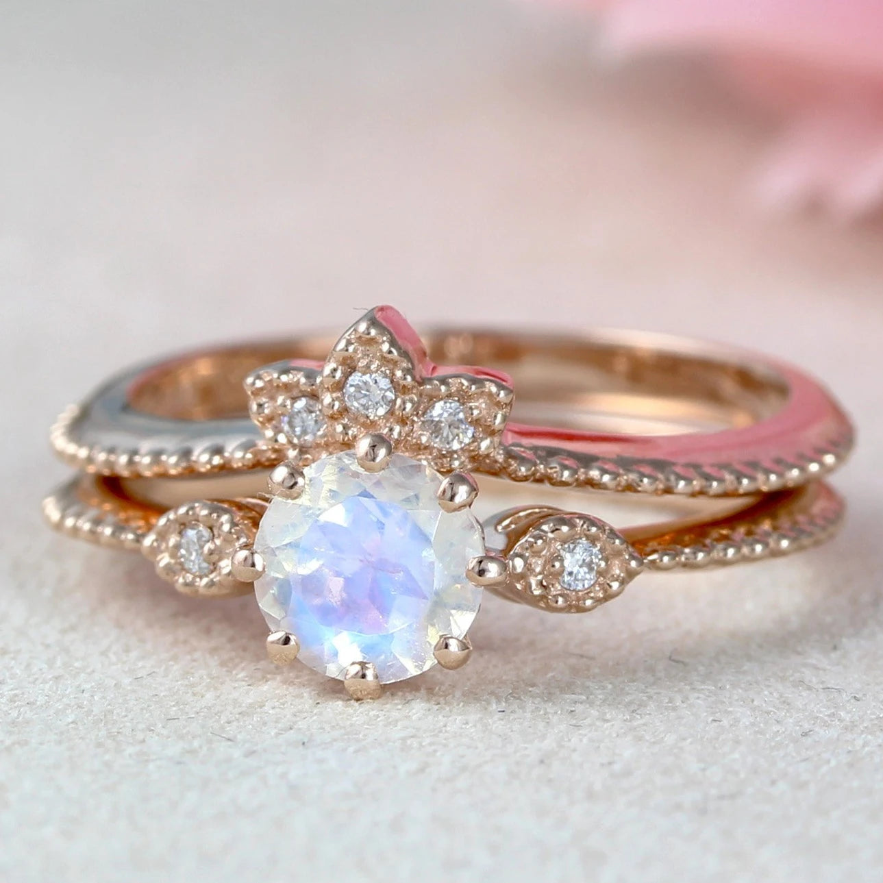 Graceful Vintage S925 Rose Gold Plated Jewelry Moonstone Round Engagement Ring Set Rainbow Wedding Promise Ring