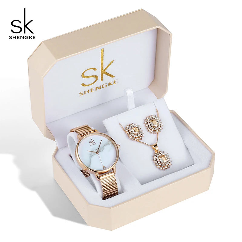 SHENGKE Creative Quartz Watch High Quality Luxury Jewelry Set Gift Box Women Watch Wristwatch Earrings Necklace Relogio Feminino