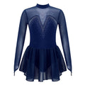 Kids Girls Stylish Long Sleeve Sparkly Rhinestone Mesh Splice Skating Ballet Dance Dress