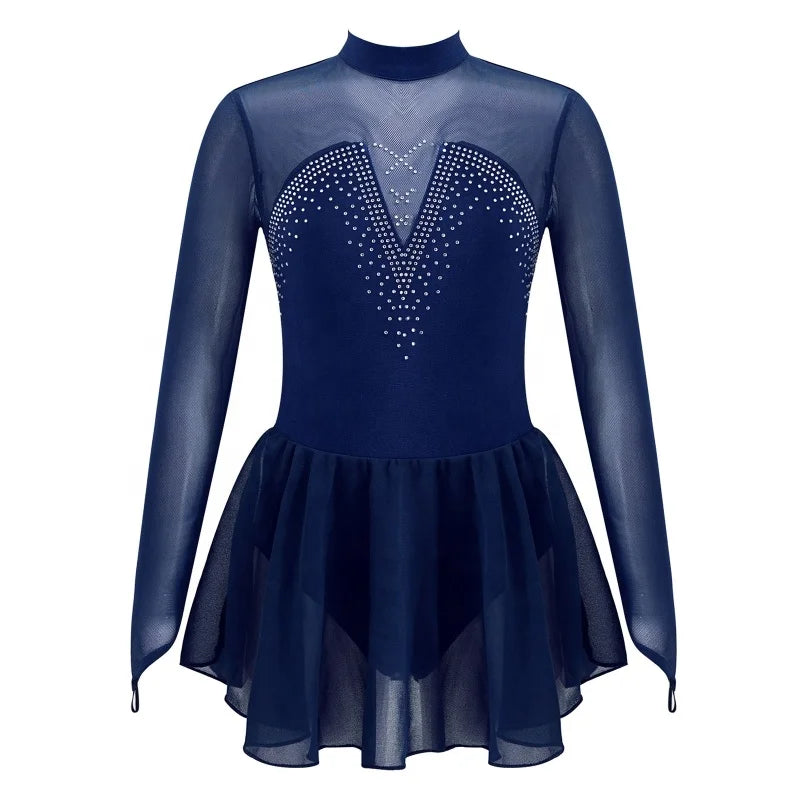 Kids Girls Stylish Long Sleeve Sparkly Rhinestone Mesh Splice Skating Ballet Dance Dress
