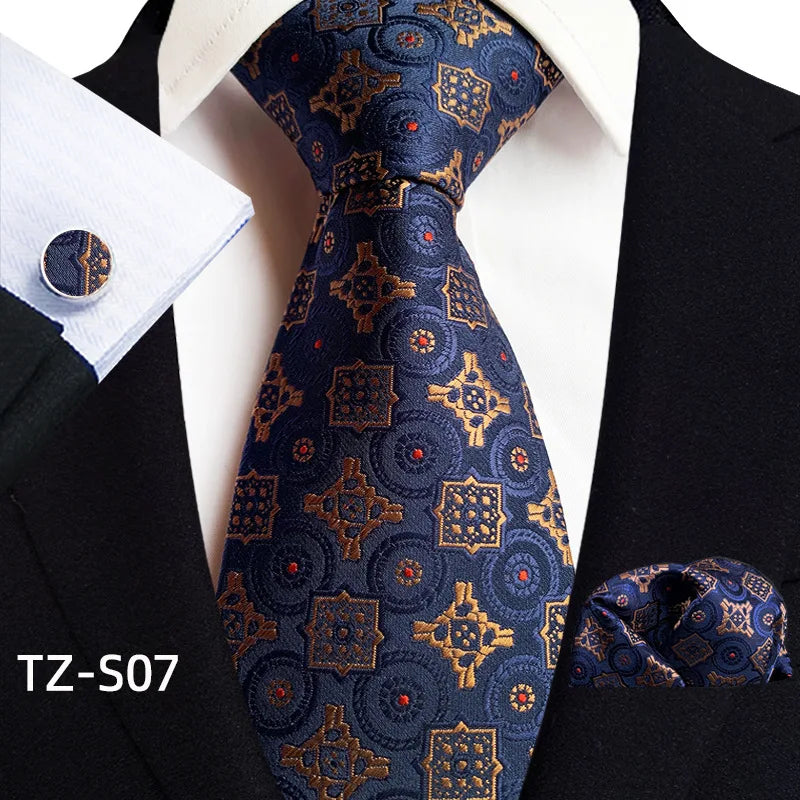 Designer Men's  Tie Set Luxury Black Silver Blue Paisley Business Wedding Neck Tie for Men Pocket Square Cufflinks Gift Set