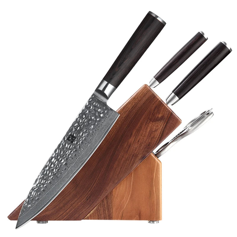 XINZUO 5pcs Professional Japanese Damascus Steel Pakka Wood Handle Kitchen Knife Sets with Wooden Block Scissors Accessories