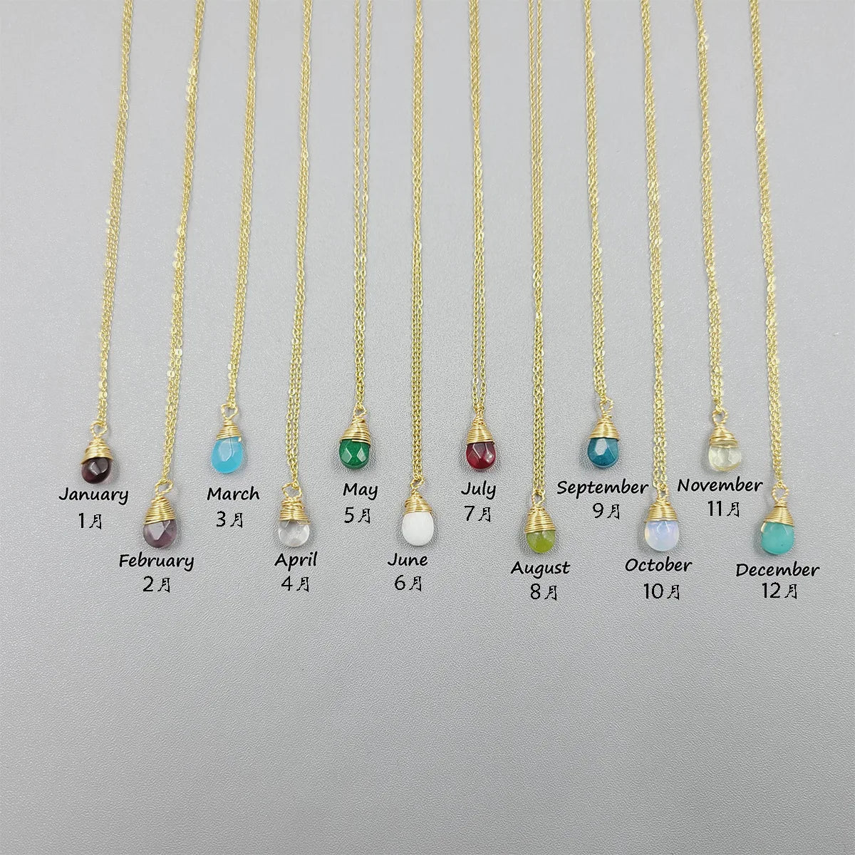 12 Gemstone Birthday Gift Gold Stainless Steel Birth Natural Stone Birthstone Zodiac Pendant Jewelry Necklace