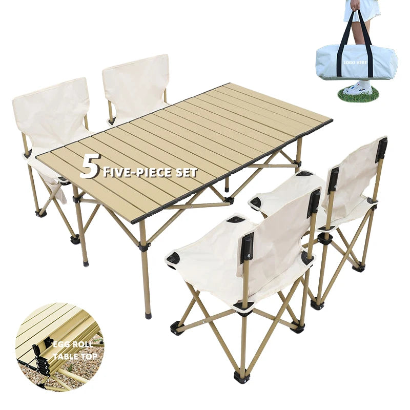 Iron Metal Folding Chair and Dining Table Five-piece Set with Carrying Bag Portable Camping Outdoor Gym Beach Travel