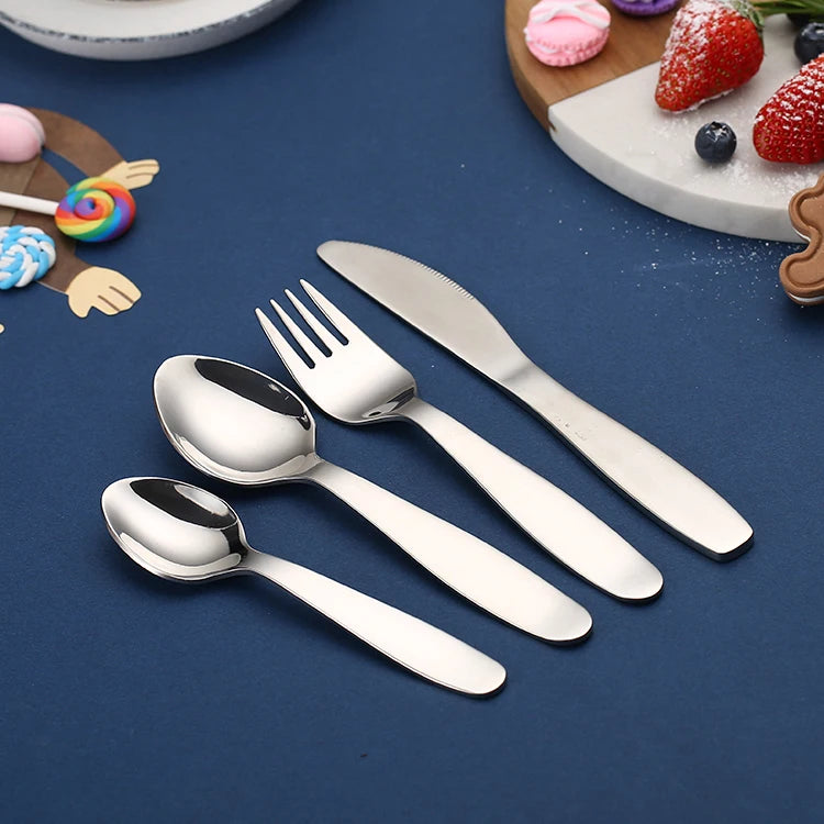 Children's 4-Piece Stainless Steel Mirror Polish Classic 18/10 Metal Easy-Clean Cutlery Set for Kids Back to School