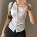 Button Pockets Crop Top Y2k Turn Down Collar Pockets Harajuku Tee Casual Basic Retro T Shirt Cardigans Women Korean