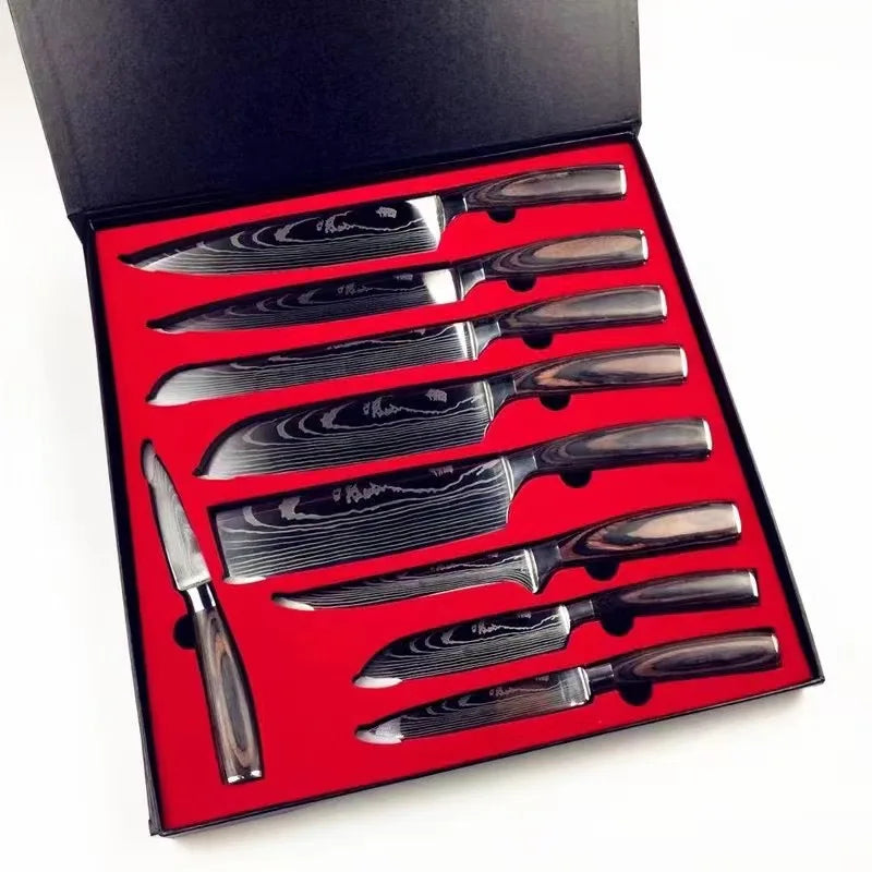 Professional Japanese Kitchen Knife Set 10 Pcs High Carbon Stainless Steel Damascus Patterned Face Blade