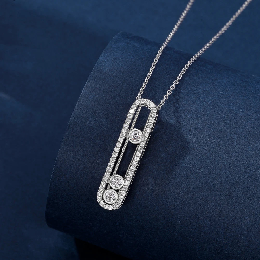 Classic 925 Sterling Silver Personalized Design Three Diamond Sliding Moissanite Pendant Rhodium Plated Women's Necklace Jewelry