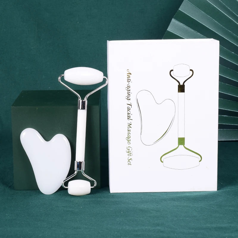 HZ Wholesale Jade Roller Guasha White Jade Roller Gua Sha Set and Replaceable Head Skin Care Serum
