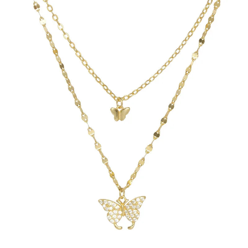 Fashion Jewelry 925 Sterling Silver butterfly Necklaces Two Layers Double Chain Butterflies Diamond Gold Plated Necklaces Women