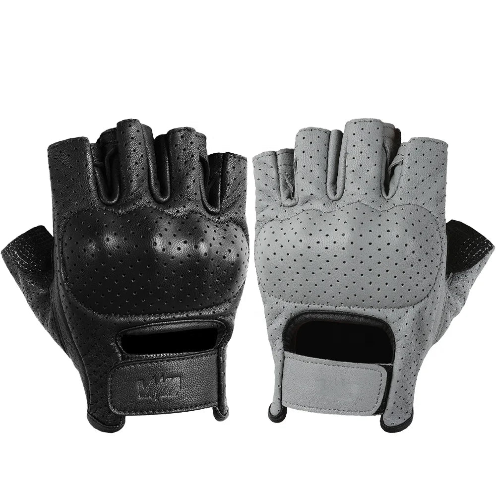 Summer Motorcycle Fingerless Gloves MTB Goat Leather Gloves Motorbike Bike Half Finger Retro Black Tactical Glove for Men Women