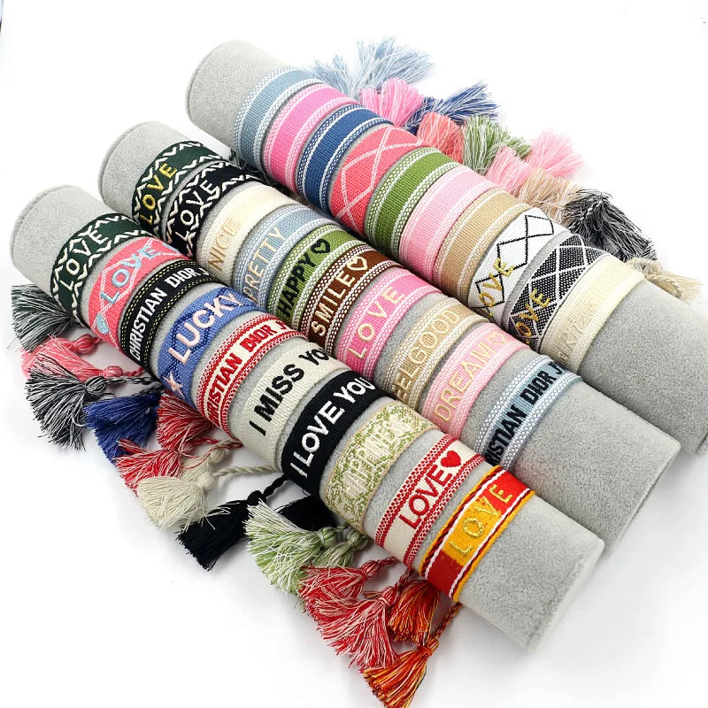 Letter Love Lucky Happy Embroidered Logo Adjustable Tassel Jewelry Polyester Woven Friendship Custom Bracelet