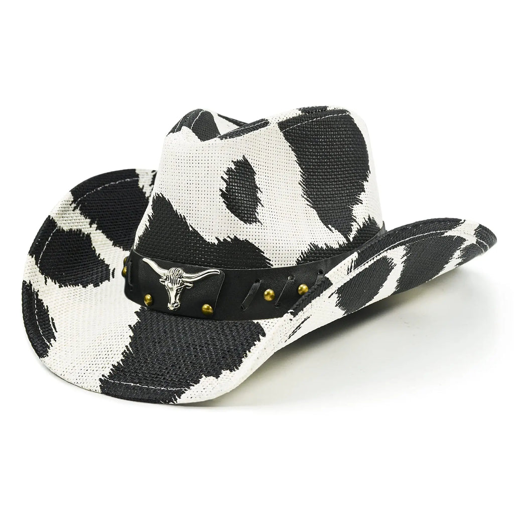 Fashionable Cow Print Cowboy Hat for Women Summer Breathable Woven Straw Western Country Cowgirl Travel Parties Casual Outdoors