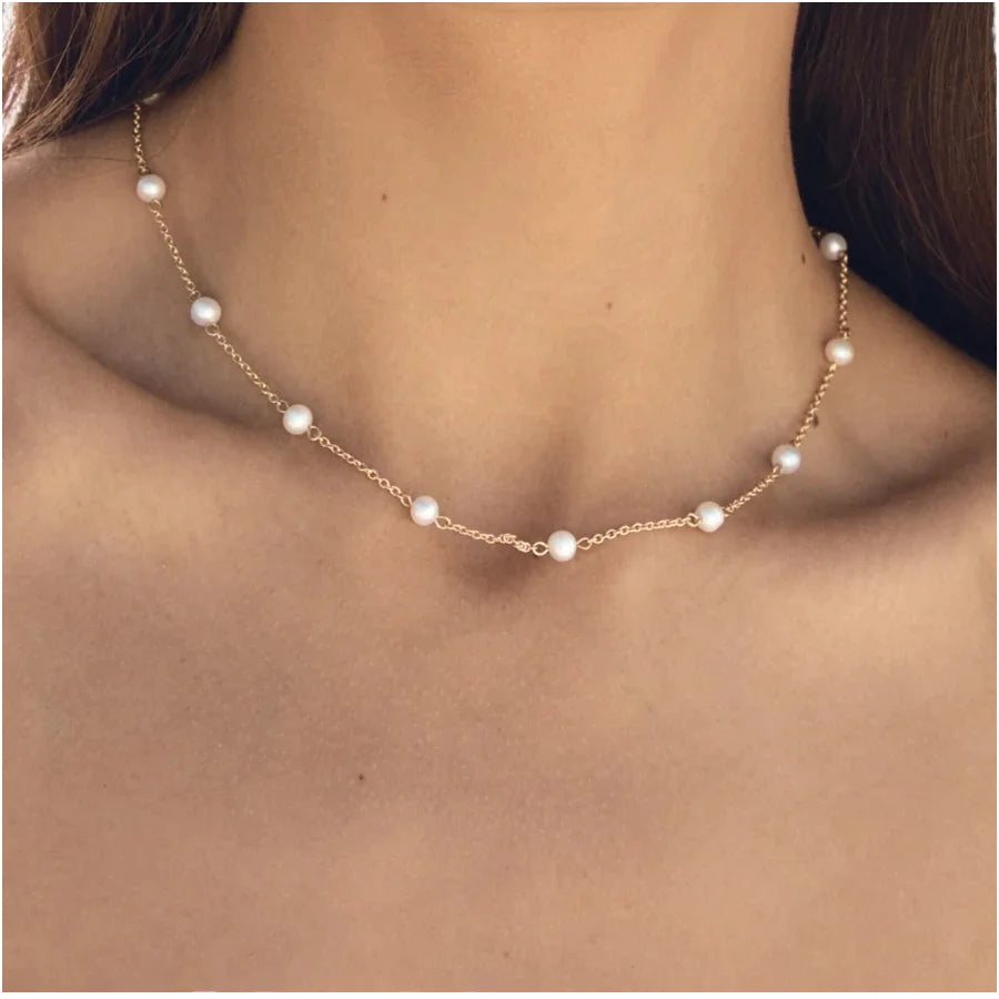 Europe INS 18K Gold Plated Titanium Stainless Steel Clavicle Necklace with Natural Freshwater Pearl and Diamond for Women Girls