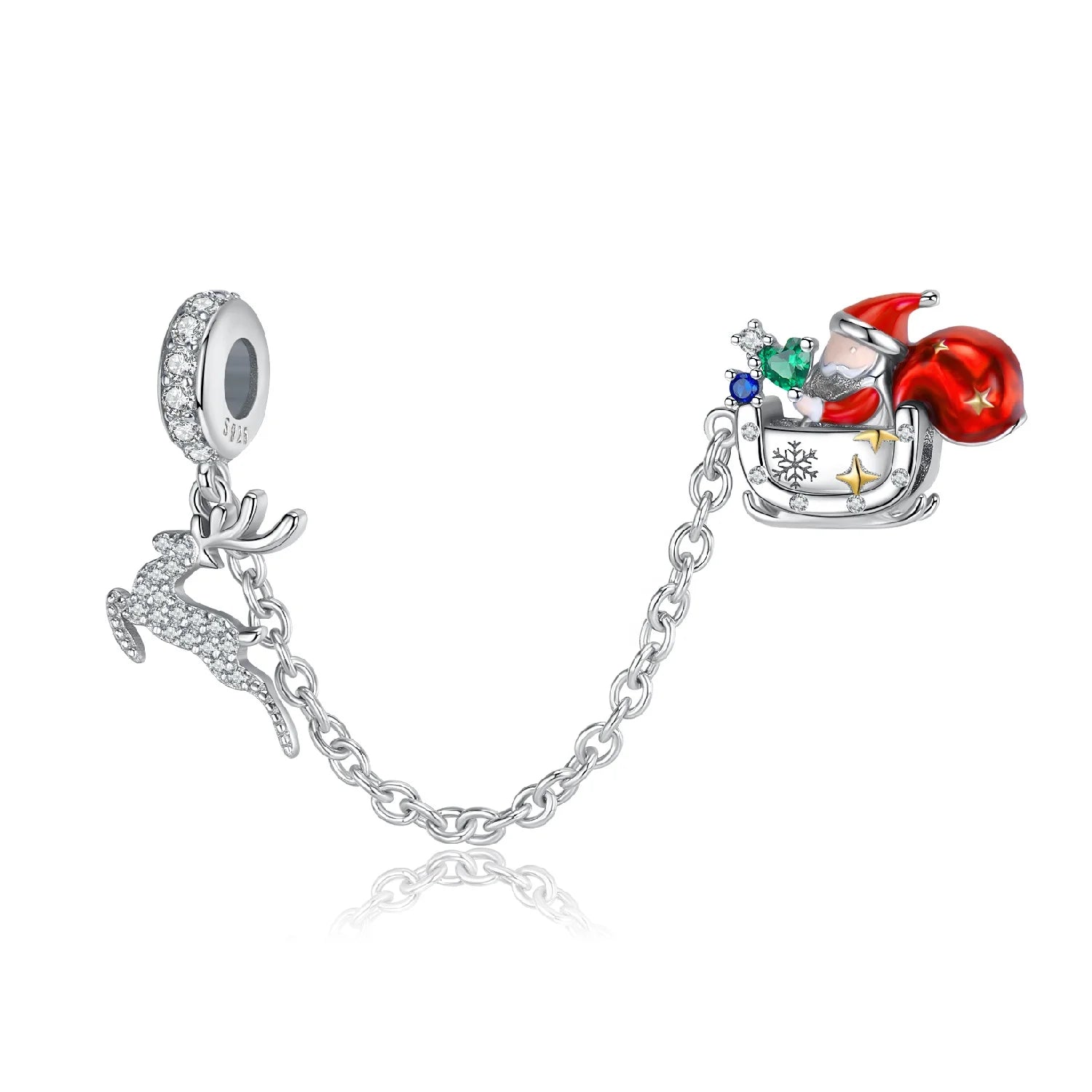 Santa & Elk Safety Chain Real 925 Sterling Silver Charm Luxury Zircon Enamel Beads Fit Original Bracelet Jewelry Christmas Gift
