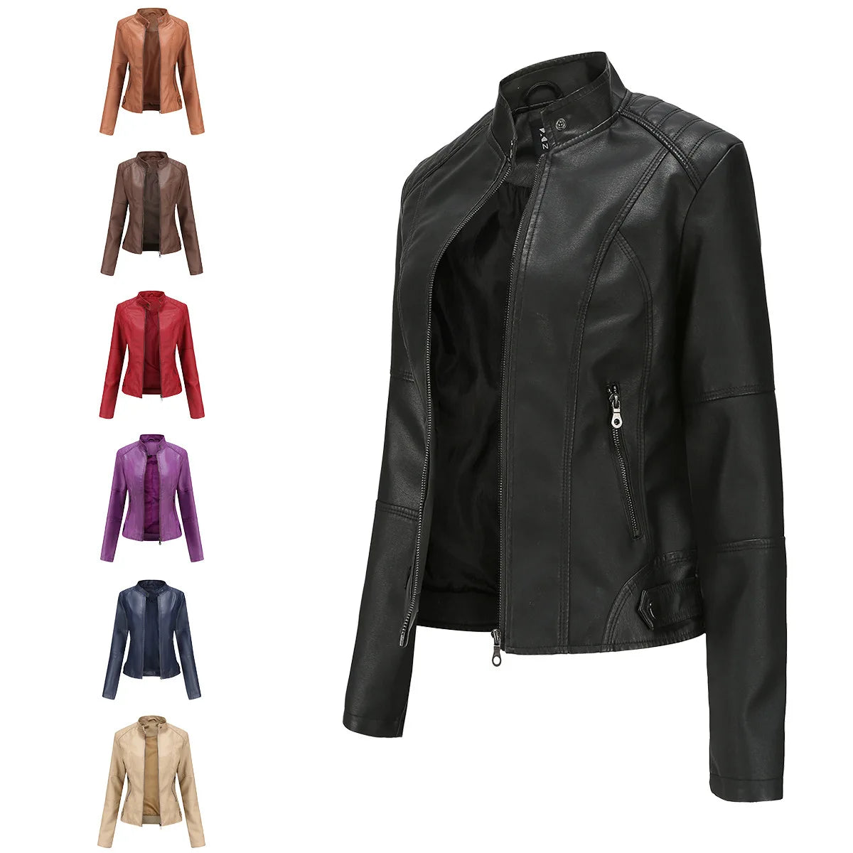 Sample Support New Women Faux Leather Biker Coat Turndown Collar Pu Motorcycle Streetwear Outerwear Synthetic Leather Jacket
