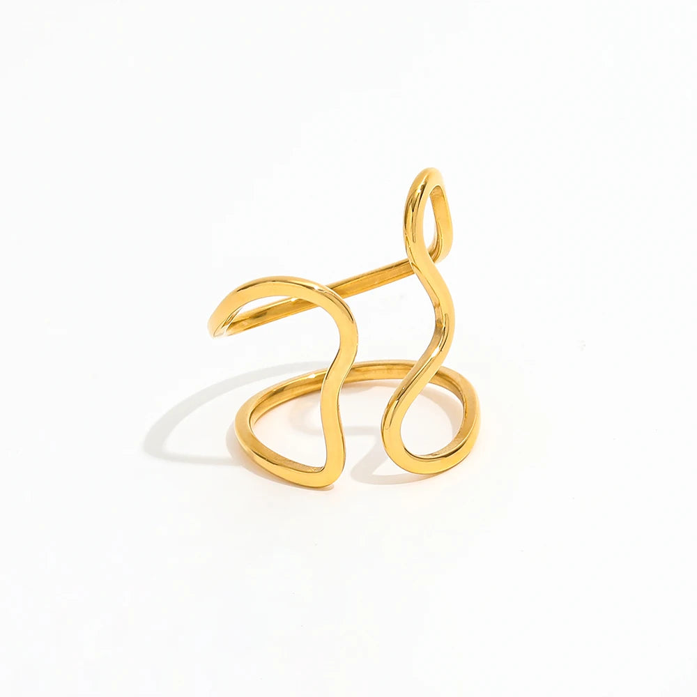 High End 18K PVD Gold Plated Double Layer Open Curve Band Ring Stainless Steel Women Ring Tarnish Free Jewelry