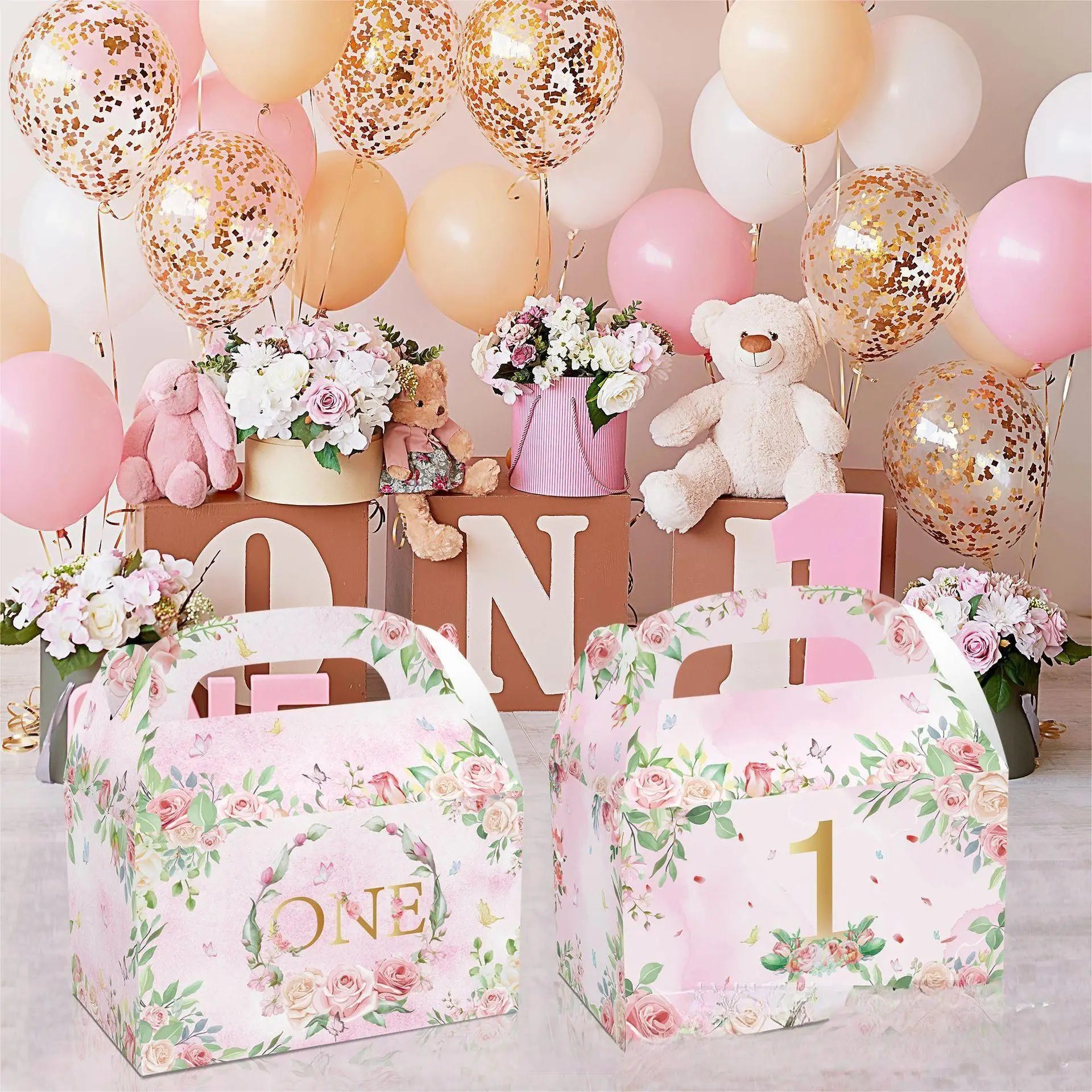 Pink Flowers 1 ONE First Birthday Party Candy Gift Handing Candy Box Baby One Full Year of Life Party