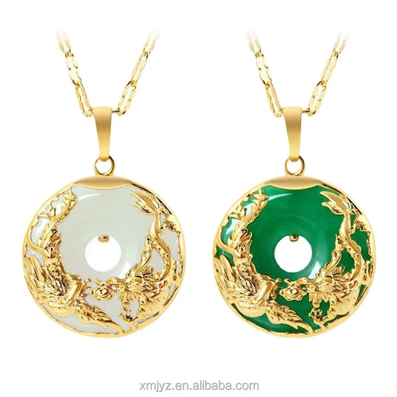 Placer Gold Simulation Golden Dragon and Phoenix Chalcedony Pendant Brass Gold-Plated Necklace Men and Women Pendant
