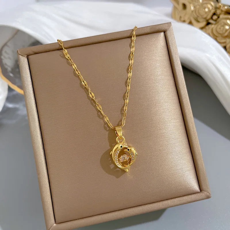 Exquisite Dolphin Crystal Pendant Necklace Chic Dolphin Bridal Lover Stainless Steel Necklace Fashion Wedding Party Jewelry