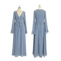 TEENYEE Elegant Deep V Chiffon Long Sleeve Evening Gown Dusty Blue Bridesmaid Wrap Dresses for Ladies Leading Girls