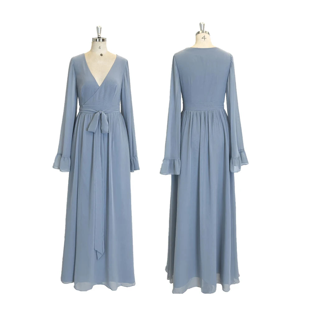 TEENYEE Elegant Deep V Chiffon Long Sleeve Evening Gown Dusty Blue Bridesmaid Wrap Dresses for Ladies Leading Girls