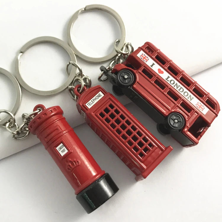 Creative 3D Metal Bus and Big Ben Pendant Red London Phone Box Keychain with Custom Logo Fashionable British Style Keychain