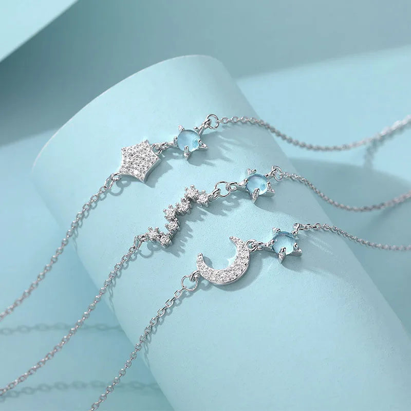 Planet Star Moon Stone Pendant Astrology Aquamarine Cubic Zirconia 925 Sterling Silver Bracelet