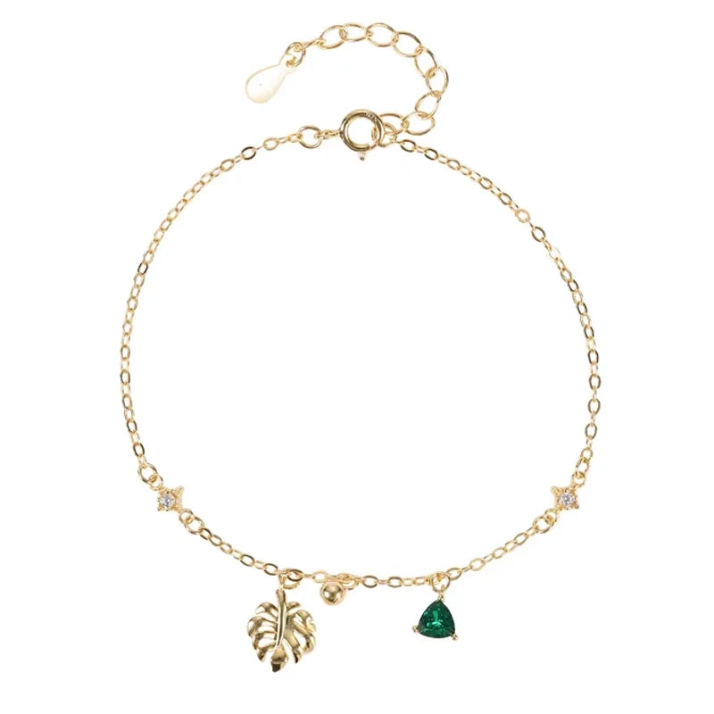 Trendy Boho 925 Silver Fine Jewelry 18K Gold Plated Green Zircon Leaf Charm Bracelets for Women
