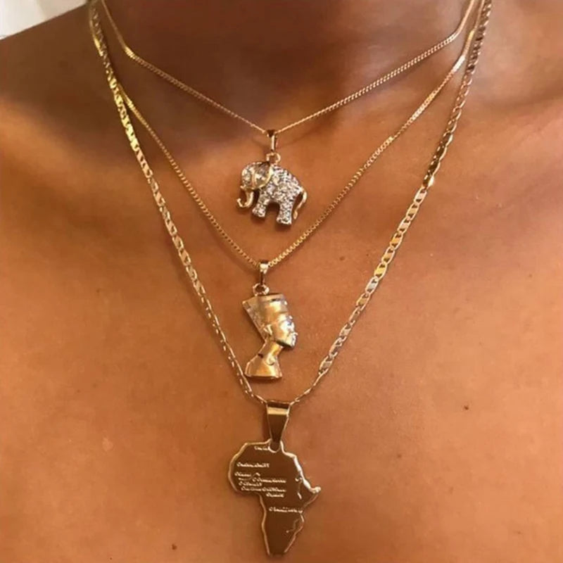 Multi-Layer Women's Gold-Plated Elephant World Map Egyptian Queen Pendant Necklace