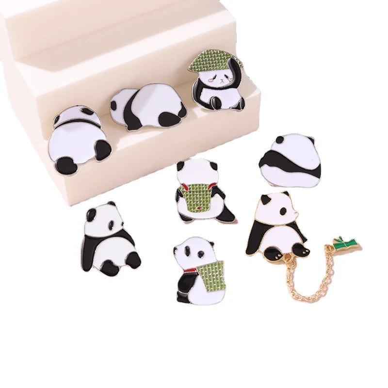 8pcs Panda Brooch Cute Animal Pin Golden Metal Badge Clothing Prop Ornaments Bamboo Giant Panda Fat Collar Pin