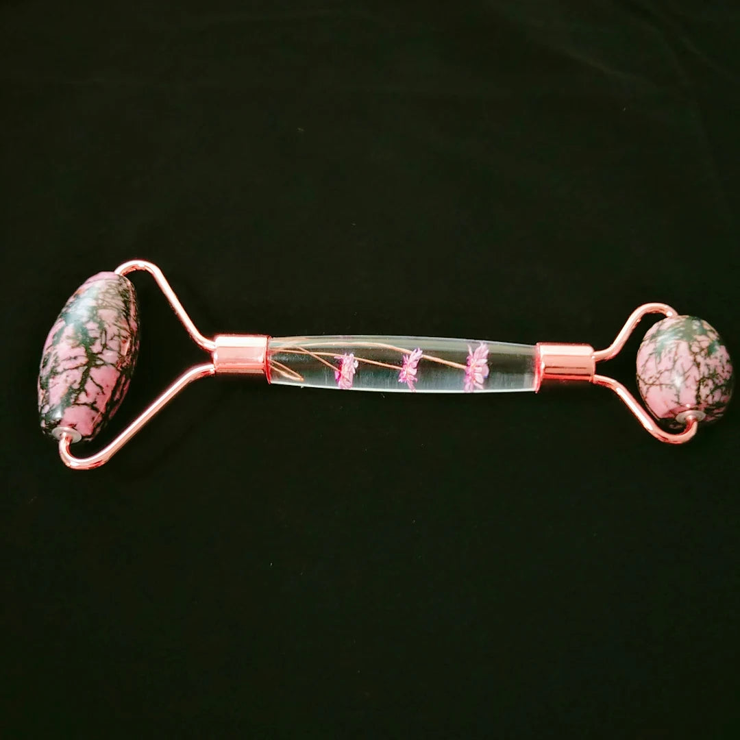 HY Rhodonite jasper facial roller massage skin flower handle stone tool healing wrinkles anti-aging slimming