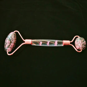 Huiying Rhodonite jasper facial roller massage skin flower handle stone tool healing wrinkles anti-aging slimming