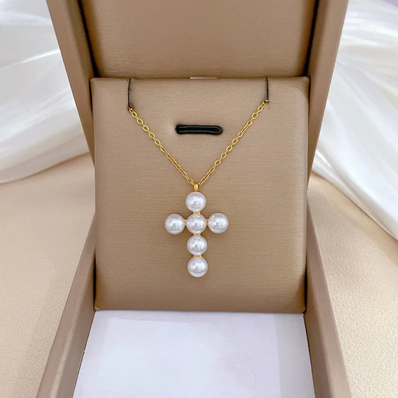 Collar De Cruz 18k Gold Plated Stainless Steel Charm Jewelry Temperament Imitation Pearl Cross Pendant Necklace for Women