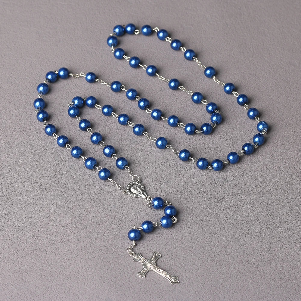 Catholic Vintage Religious Cross Rosary Necklace Gkass Imitation Pearl 8MM Beads Easter Christian Sacrifice Church Gifts