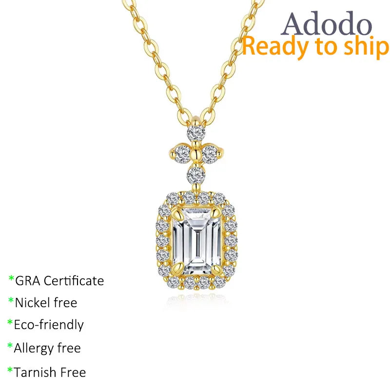 Fine Jewelry 925 Silver Emerald Cut 1CT VVS GRA Moissanite Pendant 14K Gold Plated Anti Tarnish Claw Setting Women's Necklaces