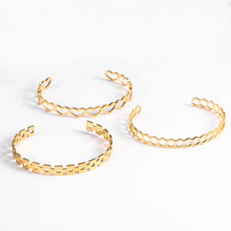 Geometric Style High End 18K Gold Plated Honeycomb Adjustable Hollow Stainless Steel Cuff  Wrist Bracelet for Women