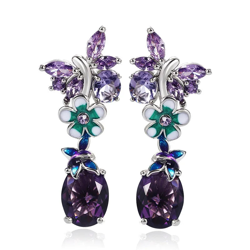 Huitan Romantic Crystal Clear Purple Water Drop Flower Earring Dainty Brilliant Lady Pear Women Beautiful Silver Drop Earrings
