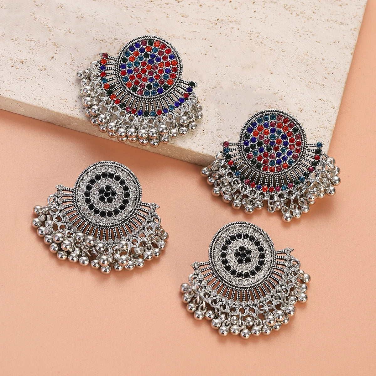 Vintage Silver Tassel Bell Drop Bollywood Earrings Retro Rhinestone Carved Tassel Bell Drop Dangle Earrings for Party Jewelry