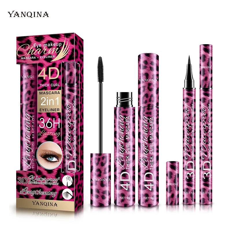 Leopard 3D Liquid Eyeliner 4D Mascara 2 in 1 Makeup Set Waterproof Sweatproof Thick Curly Makeup Cosmetics Wholesale