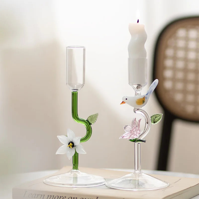 High Foot Light Luxury Pink Flower Bird Romantic Borosilicate Glass Candle Holder Ornament Household Decor