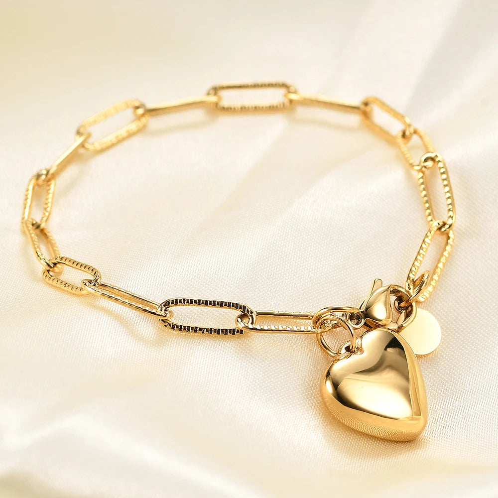 Zhongzhe Jewelry Customize Logo Ins Heart Charm Bracelet Waterproof Paper Clip Chain Bangles Stainless Steel Women Bracelet