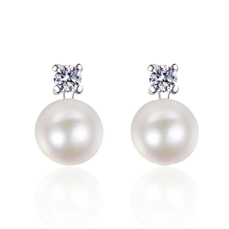 Wholesale Jewelry 925 Sterling Silver 8mm Freshwater Pearl Earrings 0.3ct Fine Moissanite Stud Earrings