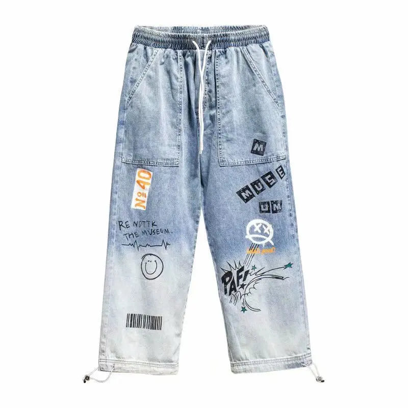 Fitspi Autumn New Letter Printed Jeans Men'S Fashion Loose Cartoon Pants Drawstring Trousers