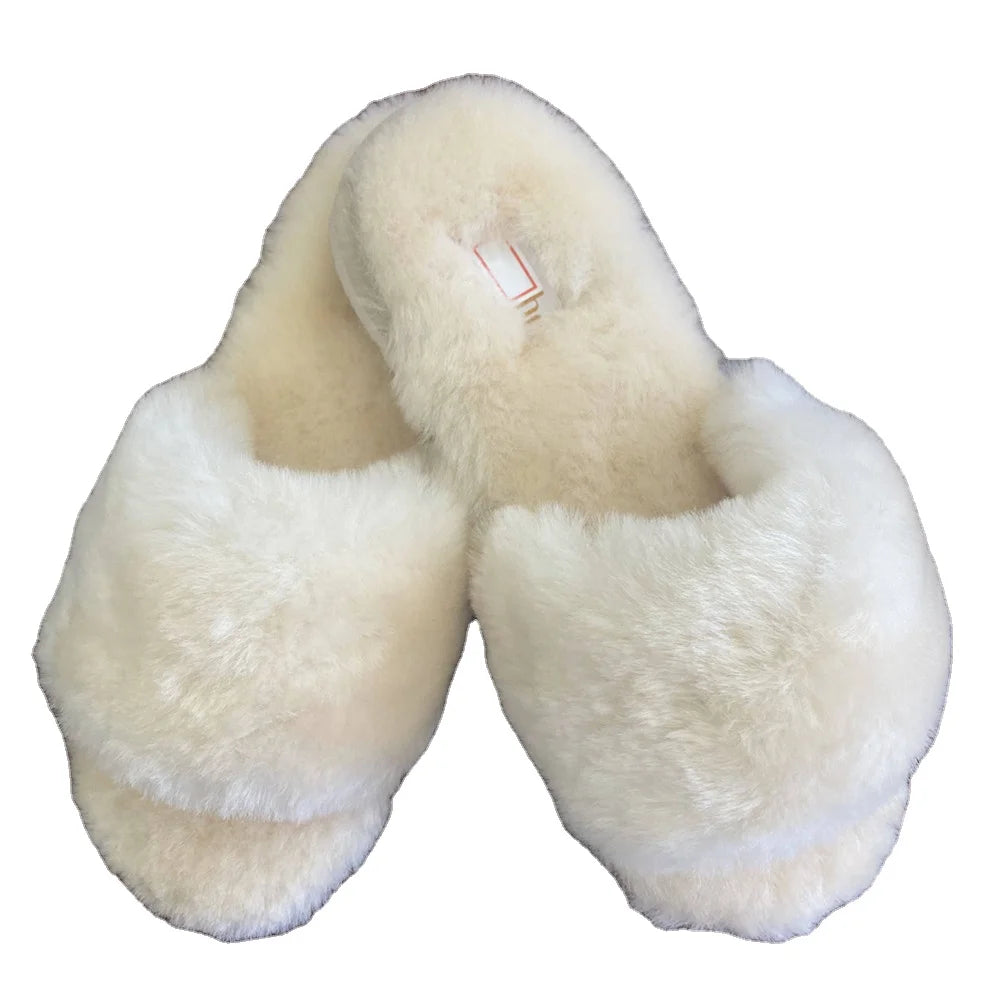 Sample Support Lady Real Shearling Winter Custom logo Girl Furry Warm Luxury Fluffy Sheepskin Slipper Fur Slide Sandal for Women