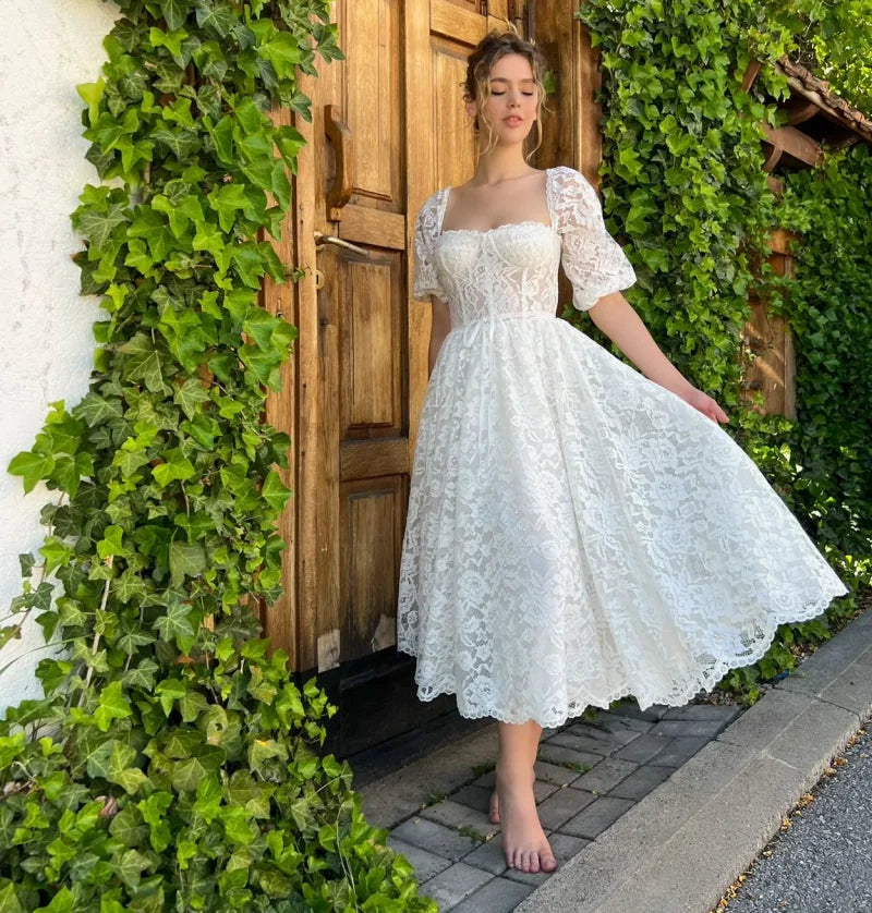 Custom Elegant Puffy Sleeves Square Collar Appliques Beach Wedding Gown Birthday Party Dress Plus Size Women Prom Evening Dress