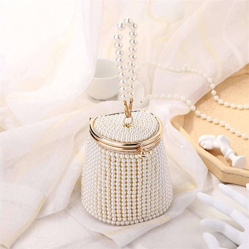 Fashion Mini Bridal Pearl Strap Evening Pearl Handbag Bucket Bag Pearl Purse