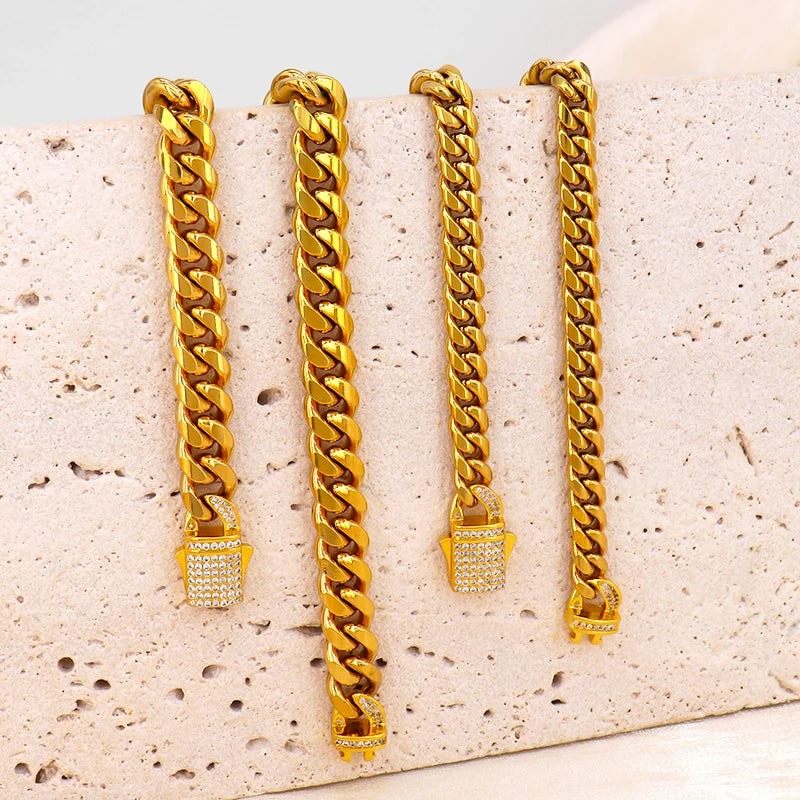 Chunky Stainless Steel Men Chains 18k PVD Gold Plated Thick Cuban Chain Nickel Free Stainless Necklaces With Clear Diamond