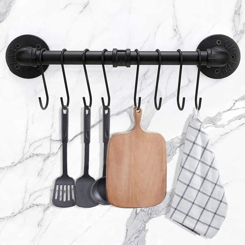 15.8 Inch Industrial Metal Rail Kitchen Utensil Rack 8-Hooks Wall Mounted Pot with Hardwares for Outdoor Space